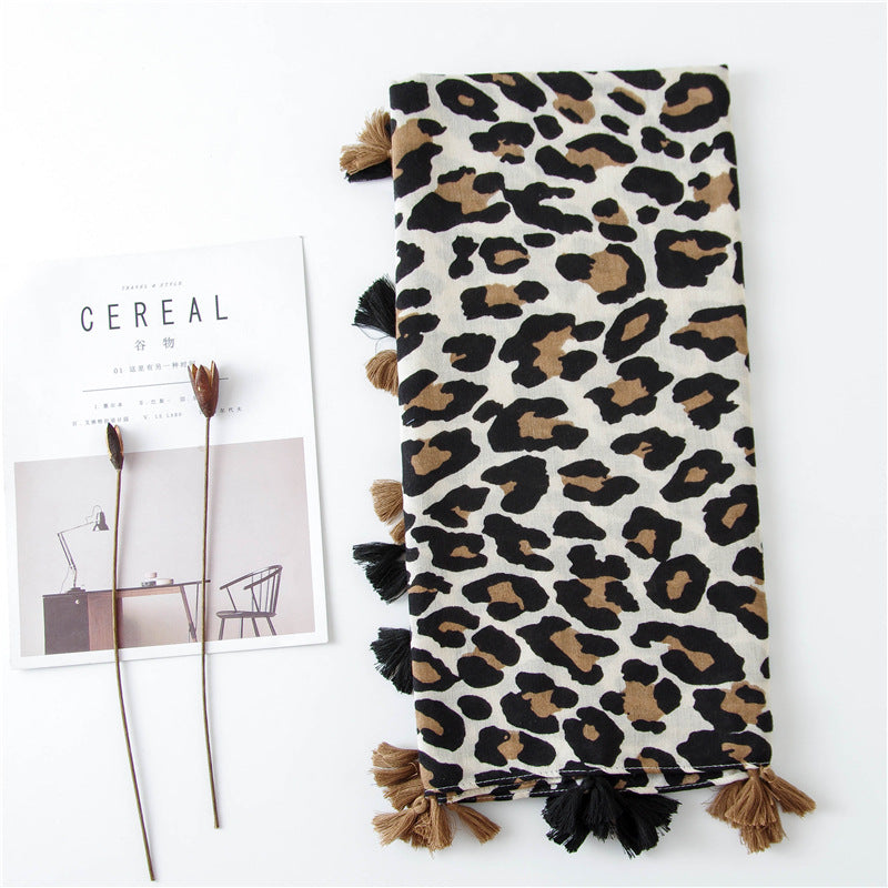 Leopard Print Cotton And Linen Silk Scarf Dual-use Shawl