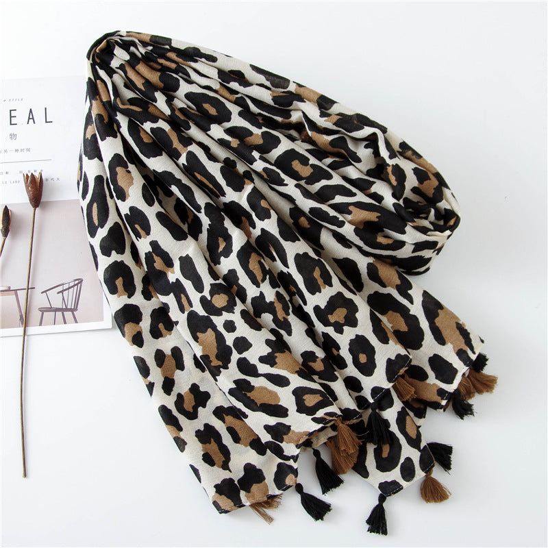 Leopard Print Cotton And Linen Silk Scarf Dual-use Shawl